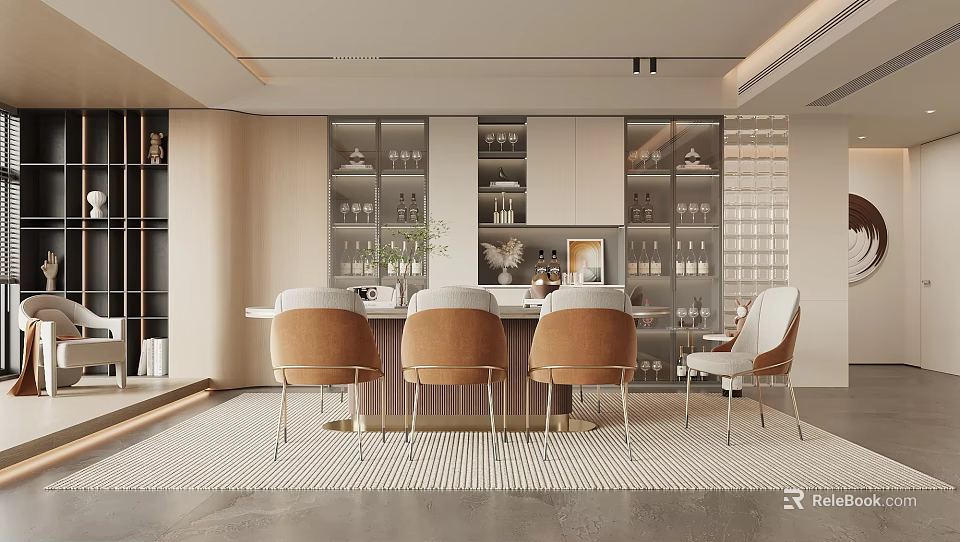 Modern Restaurant Interior With Open Layout Bar Counter Glass Cabinets And Comfortable Chairs 3d model 