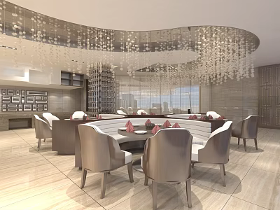 Elegant Banquet Hall Interior With Crystal Chandelier Round Dining Table And Chairs 3d model
