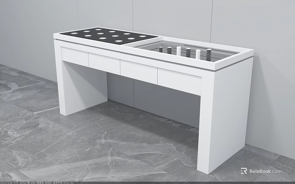 Modern Kitchen White Island Cabinet With Black Countertop Stove Sink And Drawers 3d model 