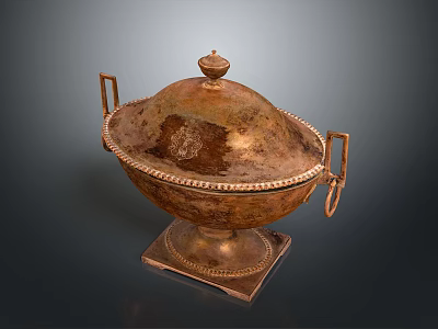 Ornate Carved Brass Sculpture Container With Lid Handles Decorative Edges And Base 3d model