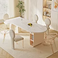 Modern Dining Table Set with Transparent and Upholstered Chairs White Tabletop Drawer Green Plant