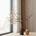 Vases With Pink Blossom Branches Placed By Window On Wooden Wall With Natural Light