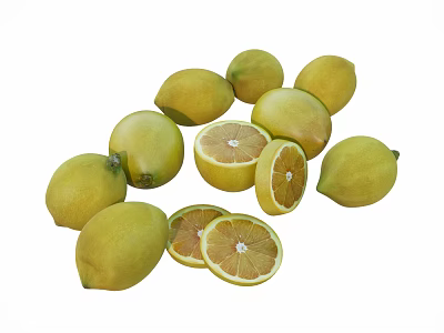 Vibrant Yellow Whole and Sliced Fresh Lemons Arranged on White Background 3d model