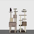 Two Modern Wooden Cat Trees With Platforms Scratching Posts And Resting Black White Cats