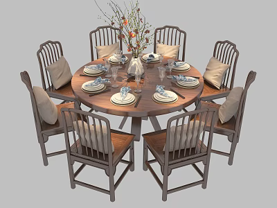 Round Wooden Dining Table Set with Eight Chairs Tableware and Flower Vase 3d model