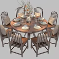 Round Wooden Dining Table Set with Eight Chairs Tableware and Flower Vase 3d model
