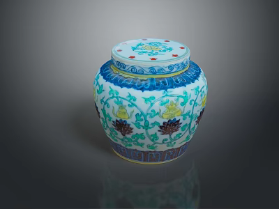 Decorative Ceramic Jar With Colorful Floral Patterns And Blue White Design Lid 3d model