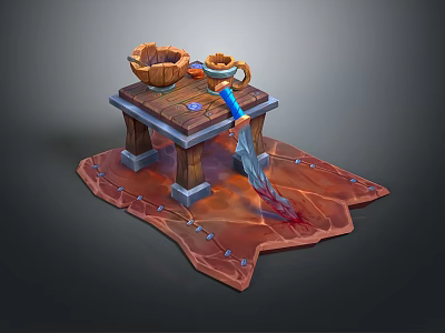 Sharp Blue Sword With Blood On Wooden Table And Bowl Cup 3d model