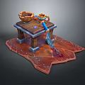Sharp Blue Sword With Blood On Wooden Table And Bowl Cup