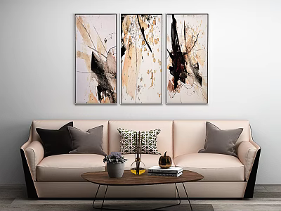 Light Toned Three Seater Sofa With Accent Pillows And Abstract Wall Art 3d model