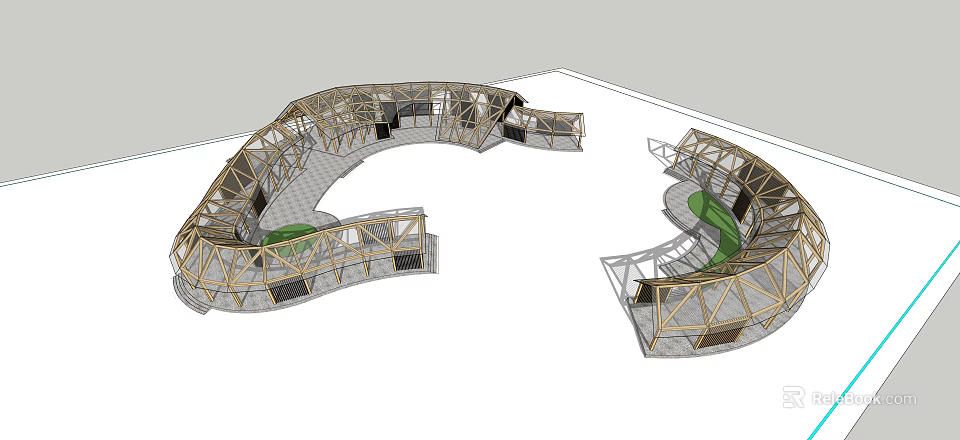 Garden Landscape Design With Wooden Curved Framework And Green Pathway Elements 3d model