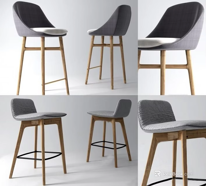 Sleek Modern Bar Stools With Wooden Legs And Grey Upholstered Seats 3d model 