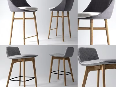 Sleek Modern Bar Stools With Wooden Legs And Grey Upholstered Seats 3d model
