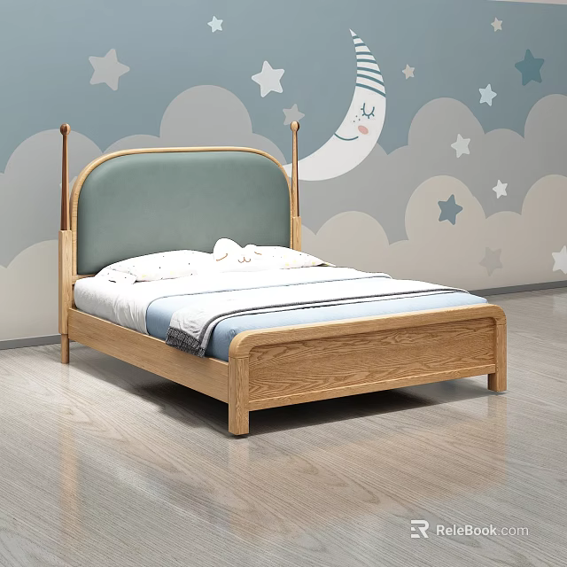 Cozy Kids Wooden Bed With Padded Headboard And Cloud Star Moon Wall Decor 3d model 