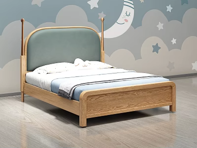 Cozy Kids Wooden Bed With Padded Headboard And Cloud Star Moon Wall Decor 3d model