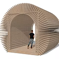 Wooden Pergola With Radial Slats Arched Entrance In Outdoor Garden Greenery People Walking