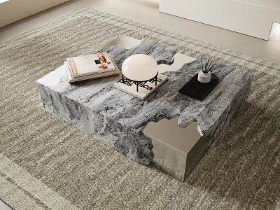 Modern Marble Coffee Table With Natural Gray White Veins And Magazine Decor On Gray Rug 3d model