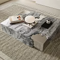 Modern Marble Coffee Table With Natural Gray White Veins And Magazine Decor On Gray Rug