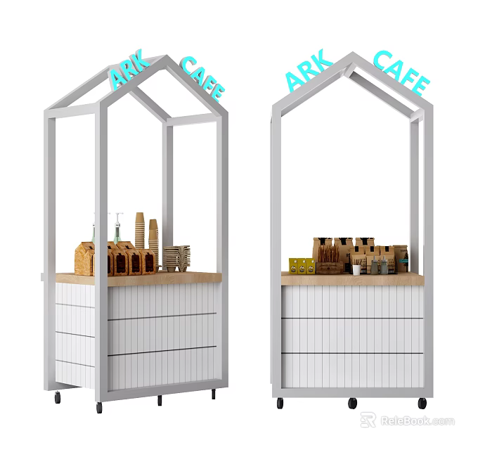 Stylish White Display Shelves with Drawers on Wheels ARK CAFE Signage and Display Items 3d model 