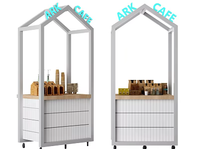 Stylish White Display Shelves with Drawers on Wheels ARK CAFE Signage and Display Items 3d model