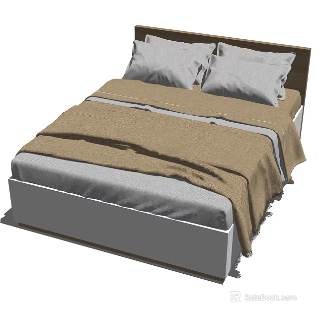 Double Bed with Grey Pillows Brown Blanket Grey Sheets and Headboard 3d model