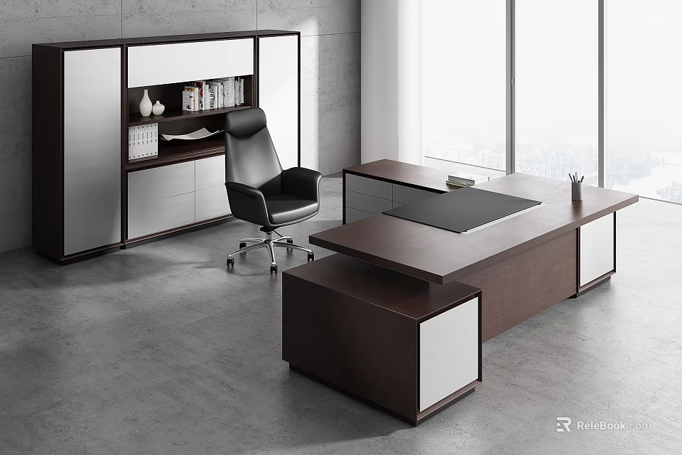 Modern Wooden Office Desk In Dark Brown With Black Chair Bookshelf And Natural Light 3d model 