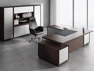 Modern Wooden Office Desk In Dark Brown With Black Chair Bookshelf And Natural Light 3d model