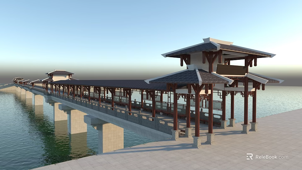 Traditional Scenic Bridge With Pavilions Tile Roofs And Wooden Railings Over Water 3d model 