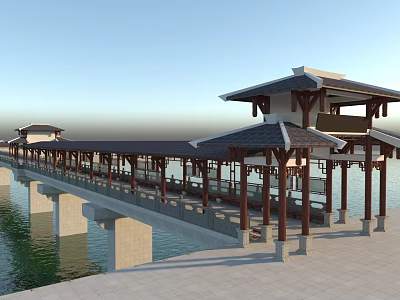 Traditional Scenic Bridge With Pavilions Tile Roofs And Wooden Railings Over Water 3d model