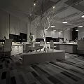 Modern Public Office Space With Workstations Computers Desk Lamps Green Plants And Office Supplies