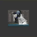 Game Movie Mechanical Character With Blue Claws Standing On Platform Near Water And Wooden Structure