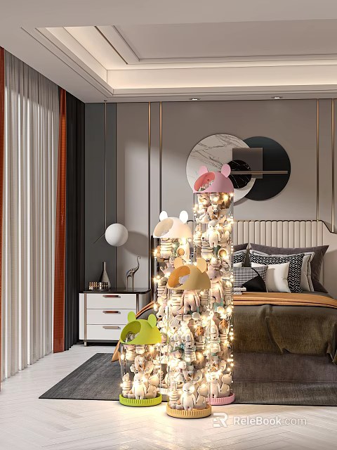 Plush Dolls Decorated With Light Strings In Modern Bedroom Featuring Bedside Pendant Lights 3d model 