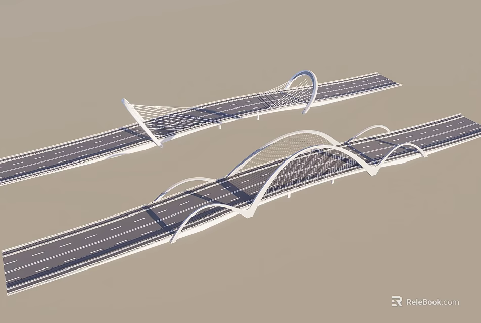 Modern Double Arch Bridges With White Curved Structures And Roadway Design 3d model