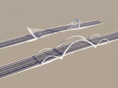 Modern Double Arch Bridges With White Curved Structures And Roadway Design 3d model