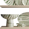 Green And White Striped Kitchenware Plates Bowls On Shelves