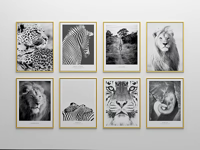Black and White Wild Animal Paintings in Golden Frames Wall Art 3d model Black and White Wild Animal Paintings in Golden Frames Wall Art 3d model