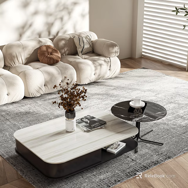 Restaurant Lounge Area With Beige Sofa Pillows Coffee Tables Dried Flowers And Books On Rug 3d model 