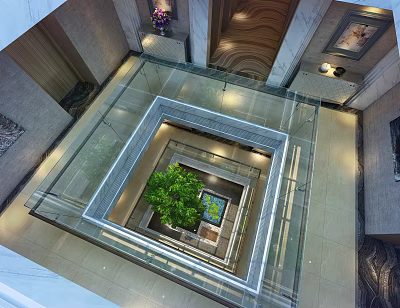 Spacious Shopping Mall Lobby With Glass Floor Central Green Plant Decorative Paintings And Modern Lighting 3d model