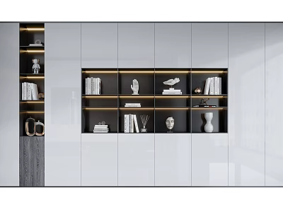 Modern Built in Bookcase With White Cabinets Black Open Shelves Lighting And Decorative Items 3d model