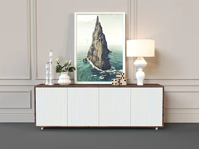 White Brown Entryway Cabinet Sideboard With Lamp Plant Model And Sea Rock Painting On Wall 3d model