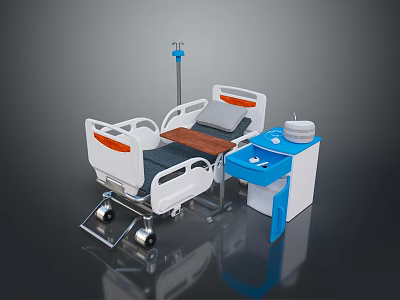 Medical Hospital Bed With White Frame Wheels Side Cabinet And IV Stand 3d model
