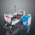 Medical Hospital Bed With White Frame Wheels Side Cabinet And IV Stand