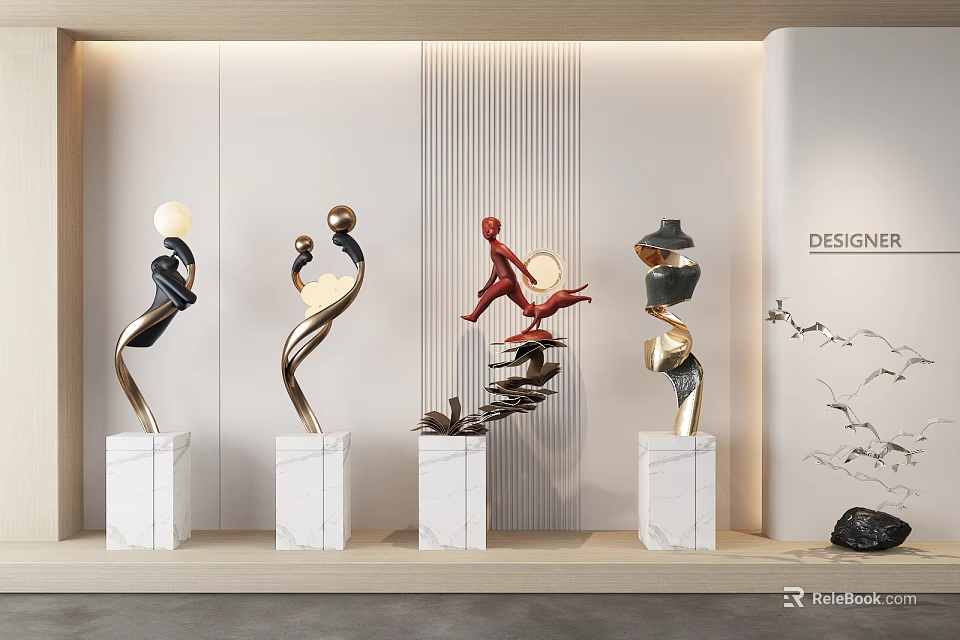 Modern Decorative Ornament Set With Marble Bases And Designer Sculptures 3d model 