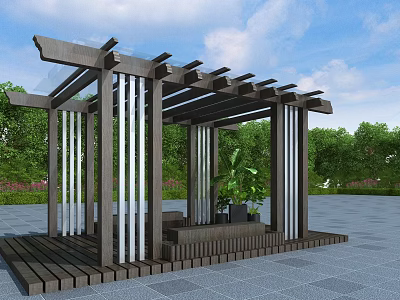 Wooden Pergola with Metal Columns and Green Plants in Outdoor Garden Space 3d model