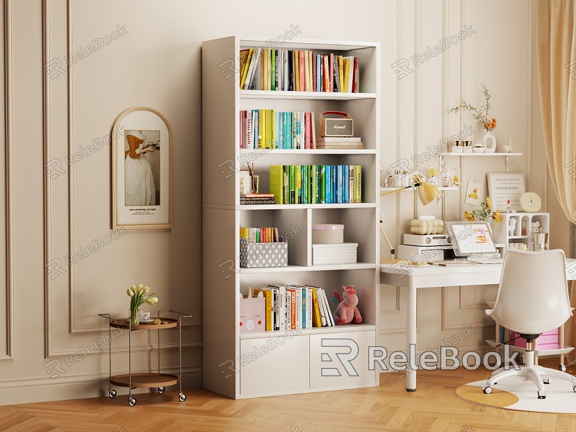 Wind Study Scene Bookcase Table and Chair Combination Cream Wind Soft Light and Shadow Gauze Curtain Exquisite Ornaments model