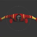 Superhero Character In Red Bodysuit With Golden Patterns Standing Arms Outstretched Dark Background