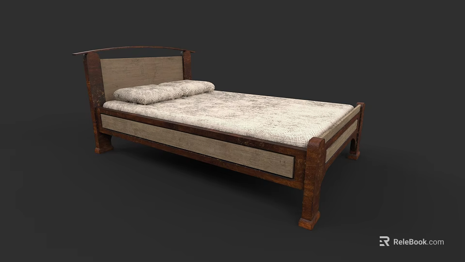 Classic Wooden Frame Double Bed With Upholstered Headboard And Patterned Mattress 3d model