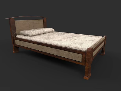 Classic Wooden Frame Double Bed With Upholstered Headboard And Patterned Mattress 3d model