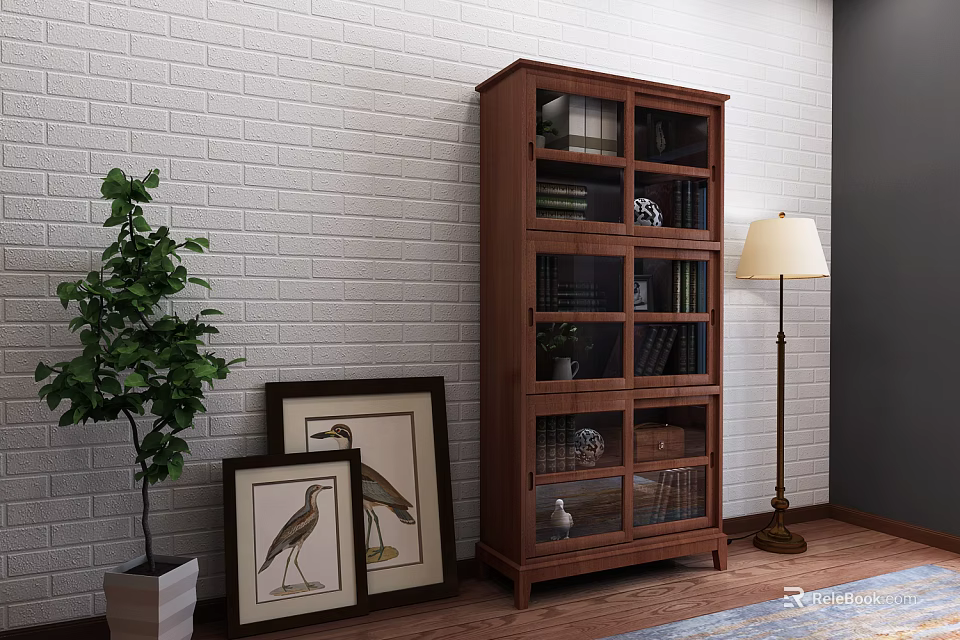 Wooden Bookshelf with Glass Doors Against White Brick Wall Green Plant Framed Pictures Floor Lamp 3d model 