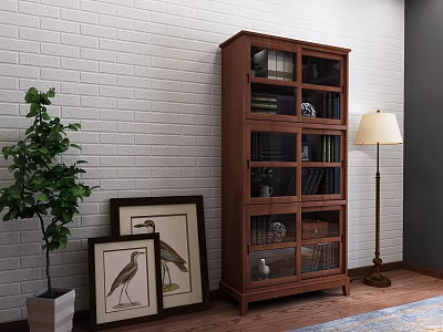 Wooden Bookshelf with Glass Doors Against White Brick Wall Green Plant Framed Pictures Floor Lamp 3d model